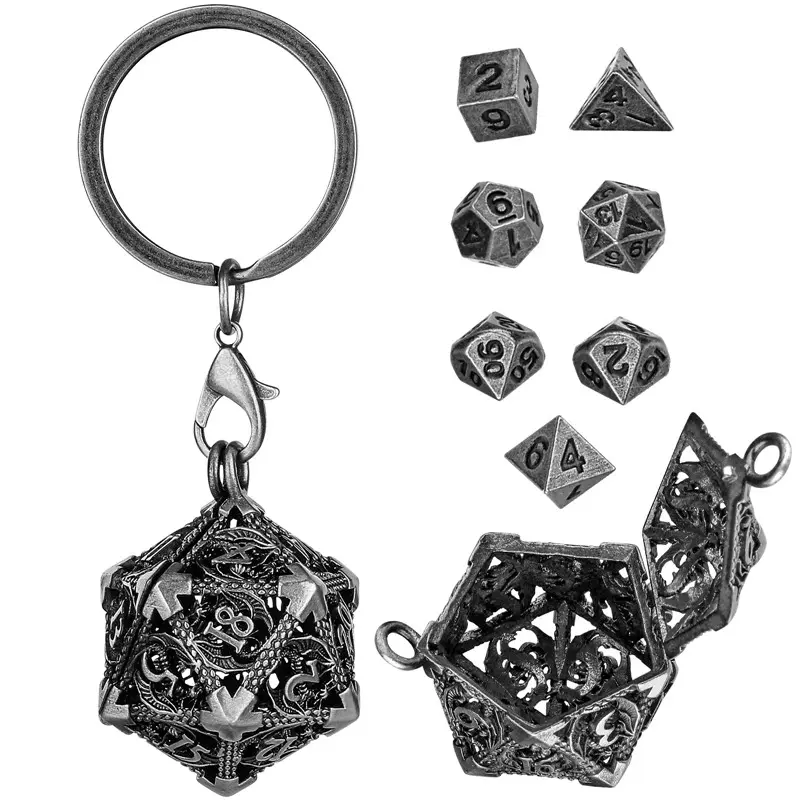 Portable Keychain with Hollow D20 Metal Case Tiny 7pcs Polyhedral Metal Dice Set Gaming Dices Accessory Necklace Pendant Chain