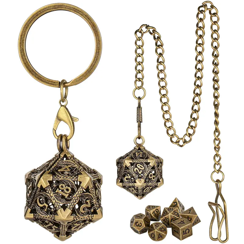 Portable Keychain with Hollow D20 Metal Case Tiny 7pcs Polyhedral Metal Dice Set Gaming Dices Accessory Necklace Pendant Chain