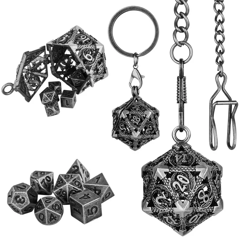 Portable Keychain with Hollow D20 Metal Case Tiny 7pcs Polyhedral Metal Dice Set Gaming Dices Accessory Necklace Pendant Chain