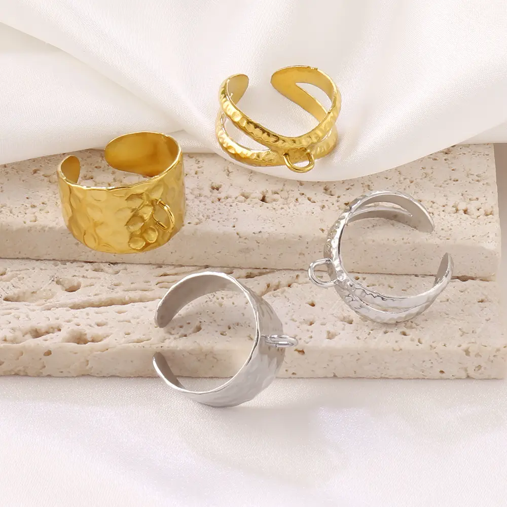 2PCS PVD Stainless Steel Open Hammer Texture Wide Ring Settings Blank Crossed Rings Base For Jewelry Making DIY Finger Ring Loop