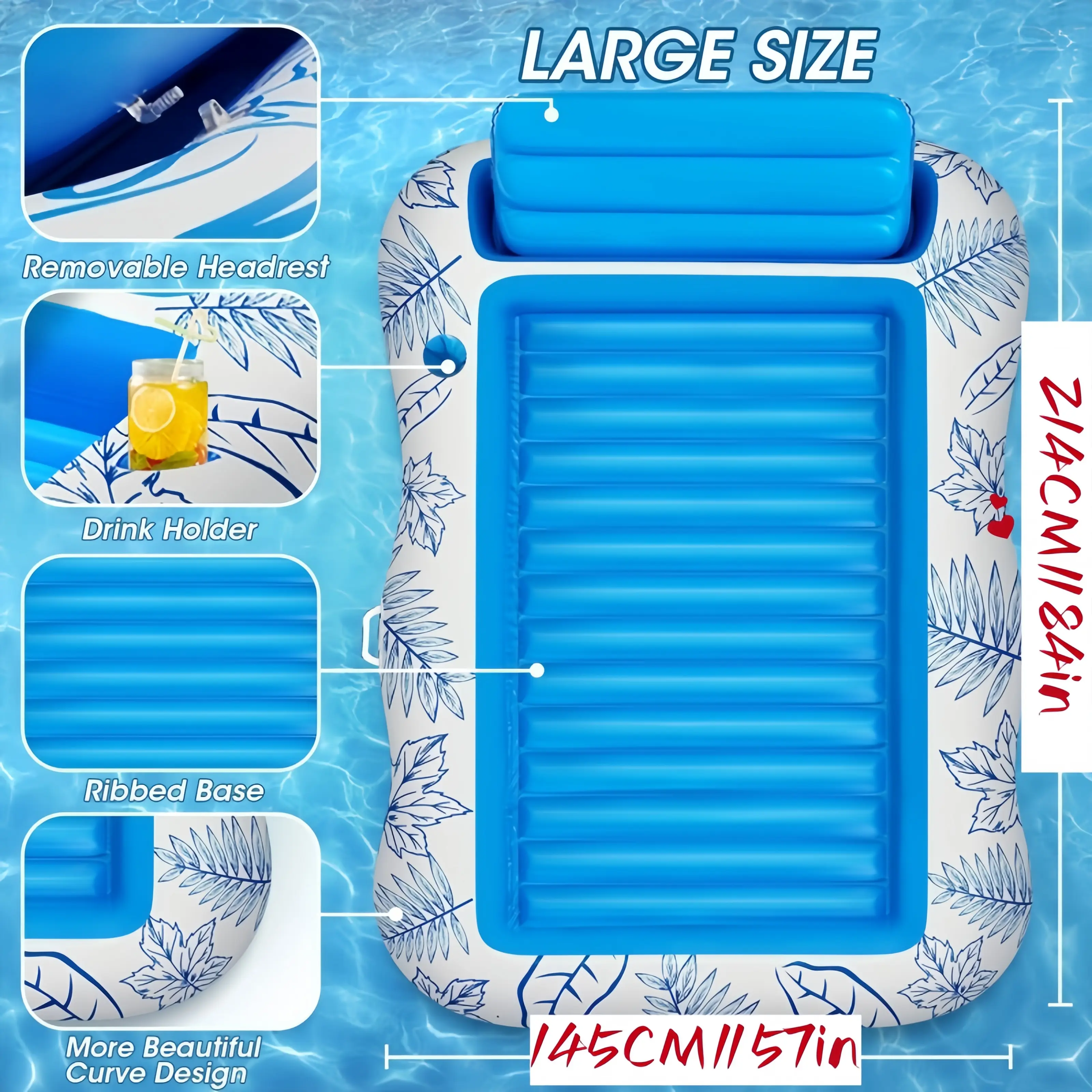 214*145CM large-sized inflatable mattress, swimming pool floating accessory, luxurious portable inflatable mattress, sunbathing
