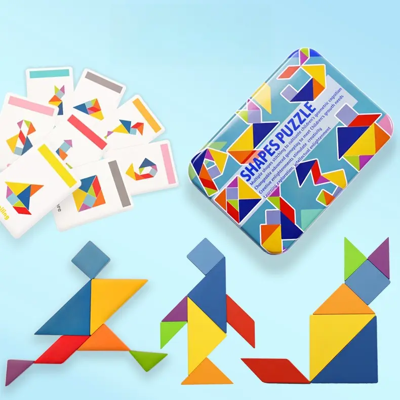 Wooden Colorful Tangram Iron Box Storage Puzzle Puzzle Puzzle Puzzle Puzzle Early Education Intelligence Number Letter Toy