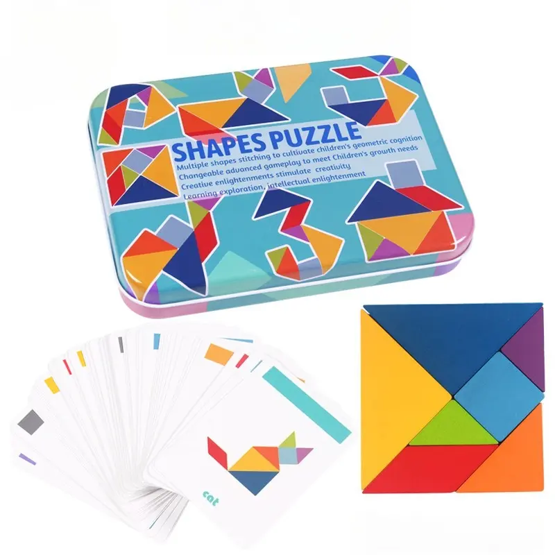 Wooden Colorful Tangram Iron Box Storage Puzzle Puzzle Puzzle Puzzle Puzzle Early Education Intelligence Number Letter Toy