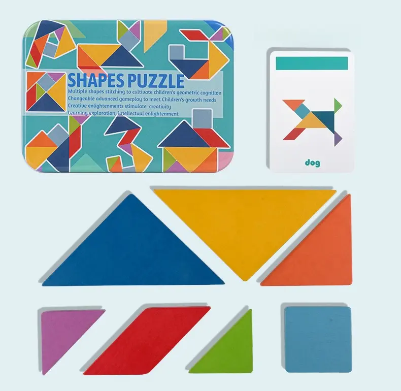 Wooden Colorful Tangram Iron Box Storage Puzzle Puzzle Puzzle Puzzle Puzzle Early Education Intelligence Number Letter Toy
