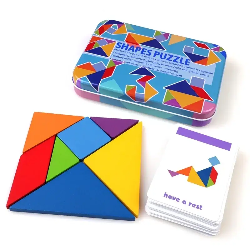 Wooden Colorful Tangram Iron Box Storage Puzzle Puzzle Puzzle Puzzle Puzzle Early Education Intelligence Number Letter Toy