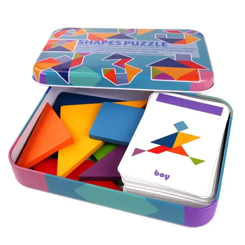 Wooden Colorful Tangram Iron Box Storage Puzzle Puzzle Puzzle Puzzle Puzzle Early Education Intelligence Number Letter Toy