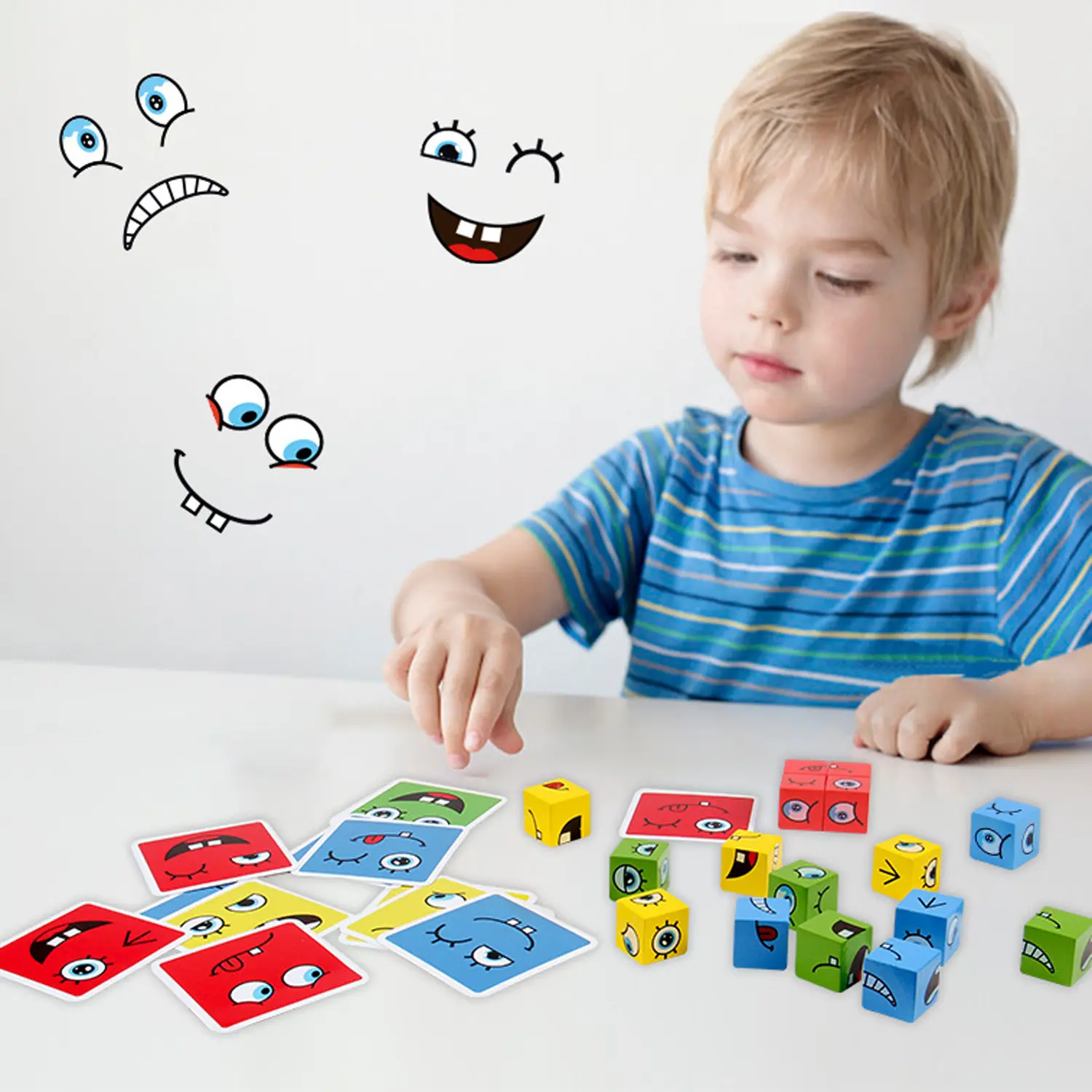 Wooden Face-Changing Magic Cube & Expression Puzzle,Educational Building Blocks Toy, Pattern Matching Board Game for Kids Adults