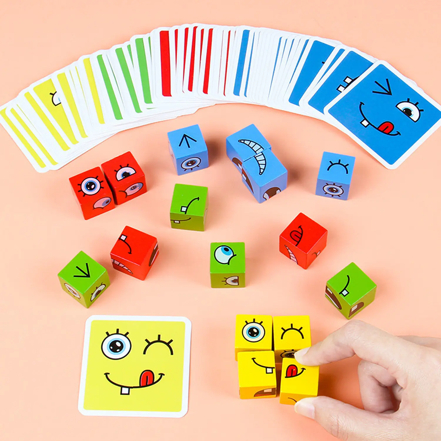 Wooden Face-Changing Magic Cube & Expression Puzzle,Educational Building Blocks Toy, Pattern Matching Board Game for Kids Adults