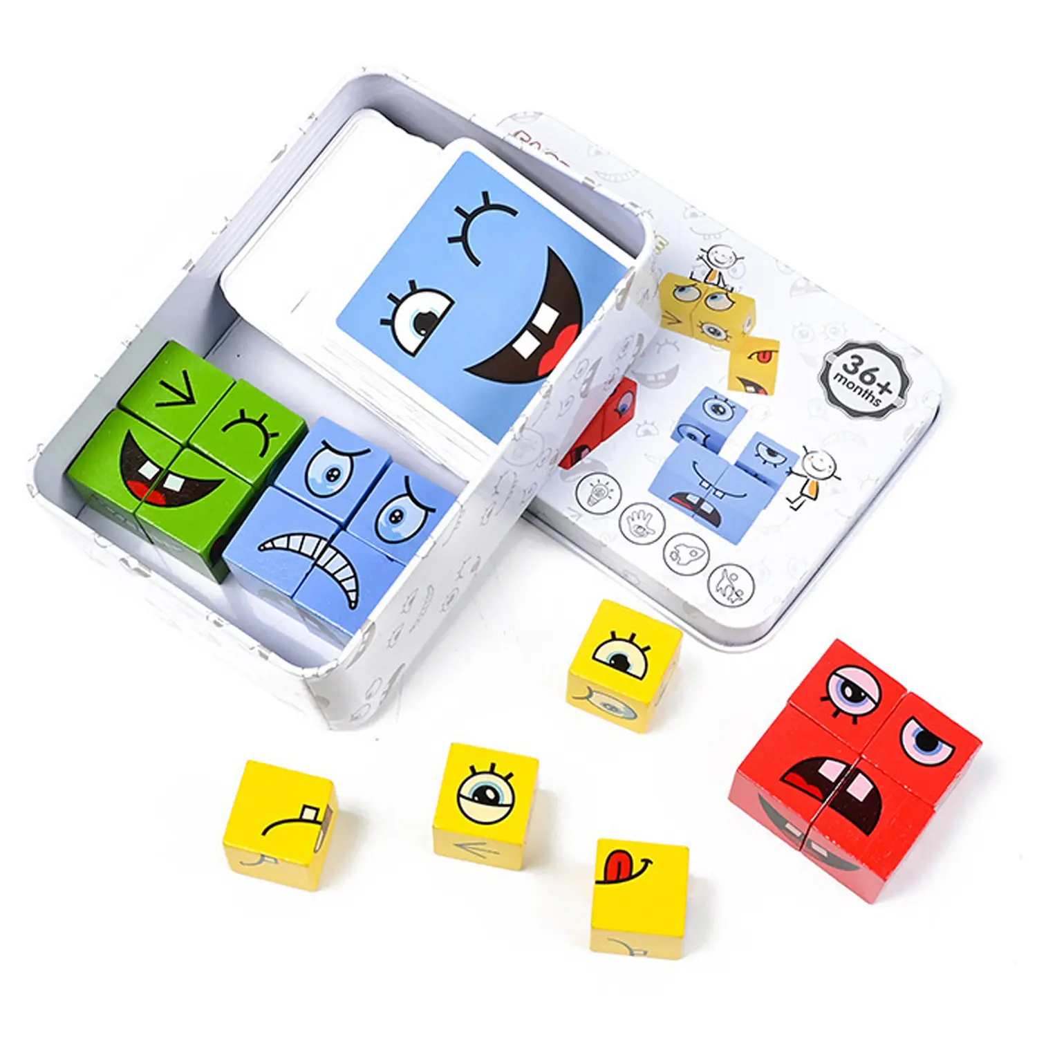 Wooden Face-Changing Magic Cube & Expression Puzzle,Educational Building Blocks Toy, Pattern Matching Board Game for Kids Adults