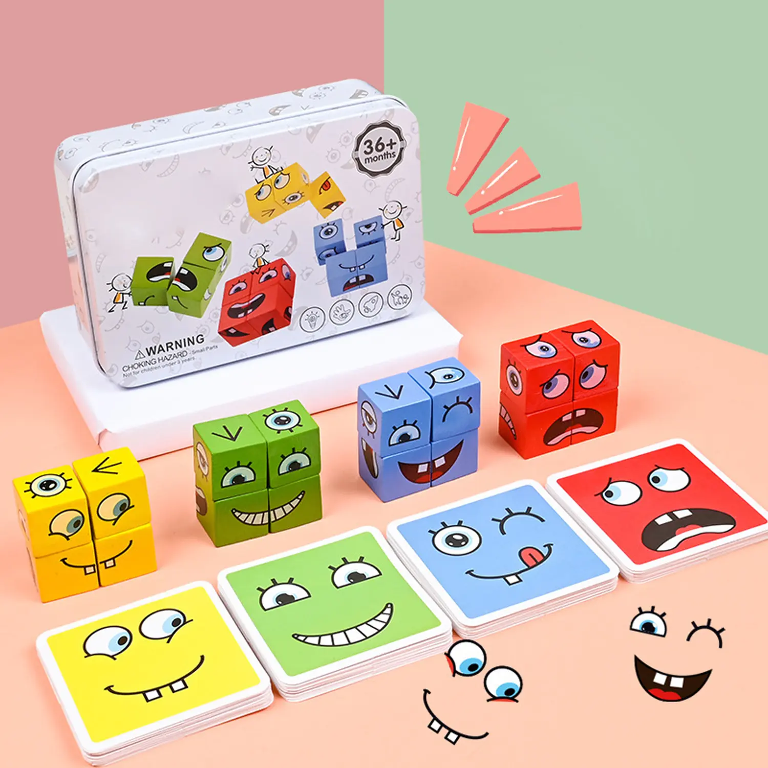 Wooden Face-Changing Magic Cube & Expression Puzzle,Educational Building Blocks Toy, Pattern Matching Board Game for Kids Adults