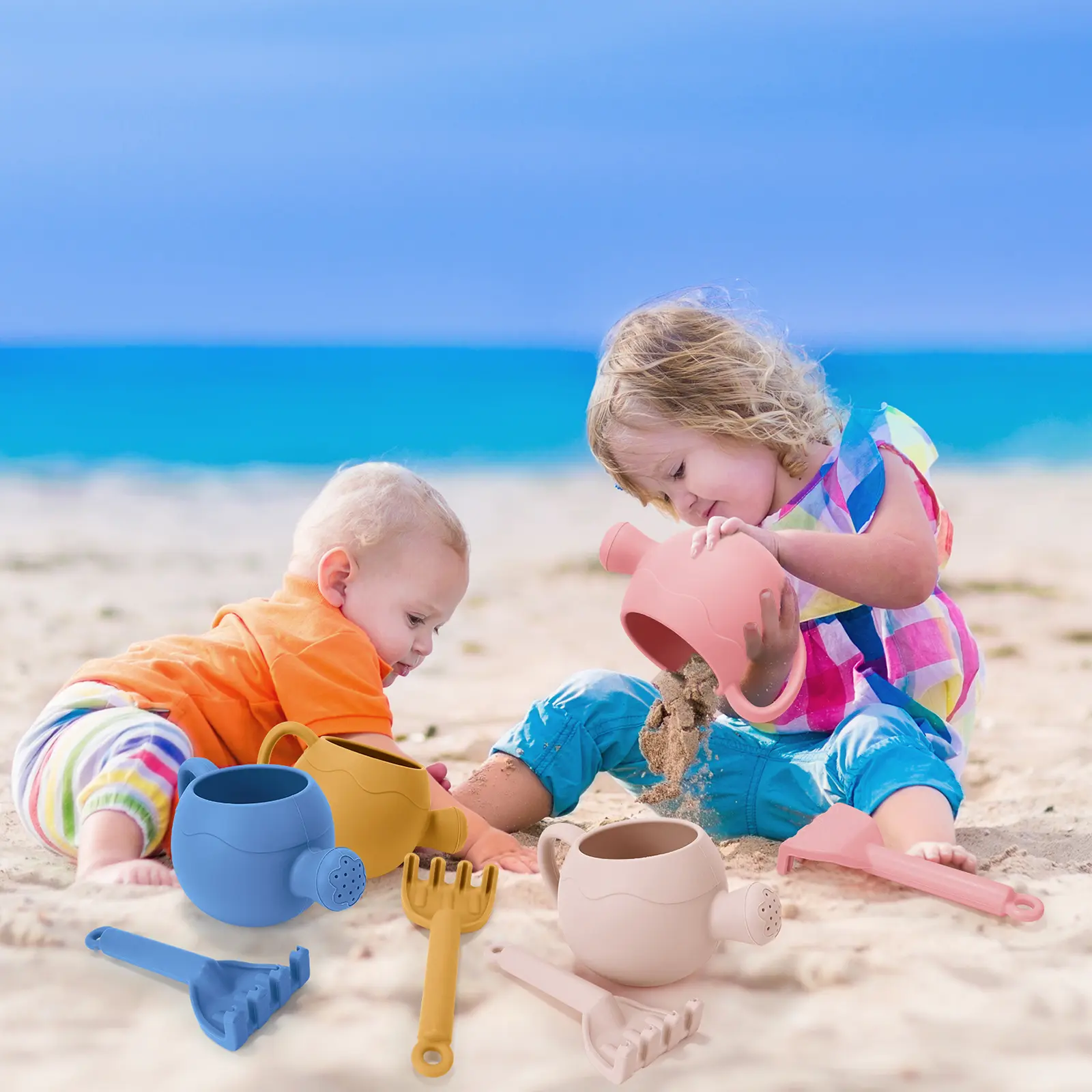 Baby Beach Toys Children Outdoor Games Sand Play Set Infants Digging Sand Silicone Rake Watering Pot Play Beach Toys for Kids