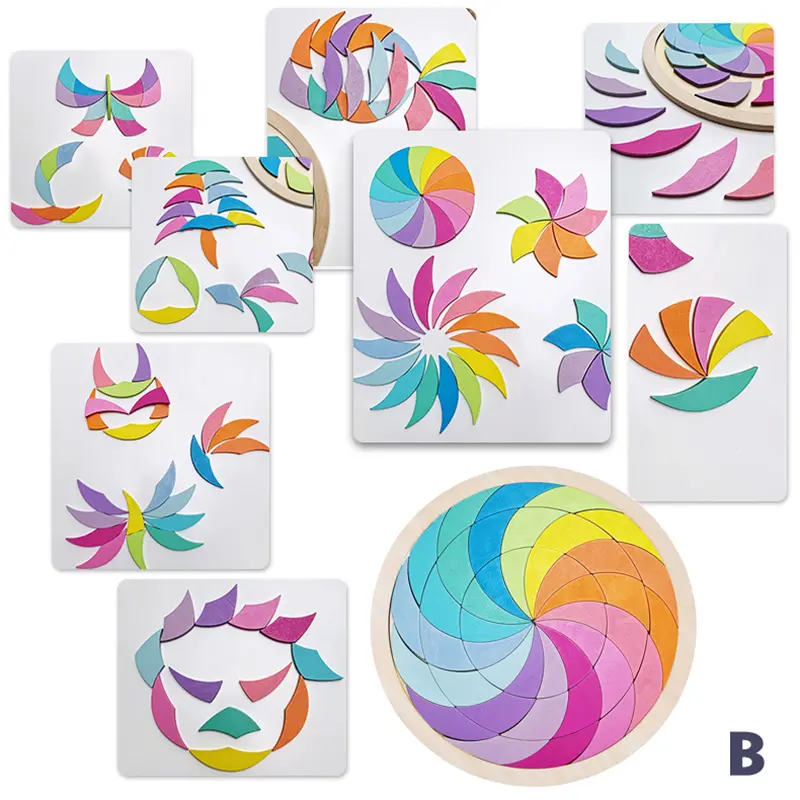 Kids Montessori Rainbow Wooden Puzzle Toys Art Educational Geometric Jigsaw Imagination Training Mandala Blocks Toys Brain Games