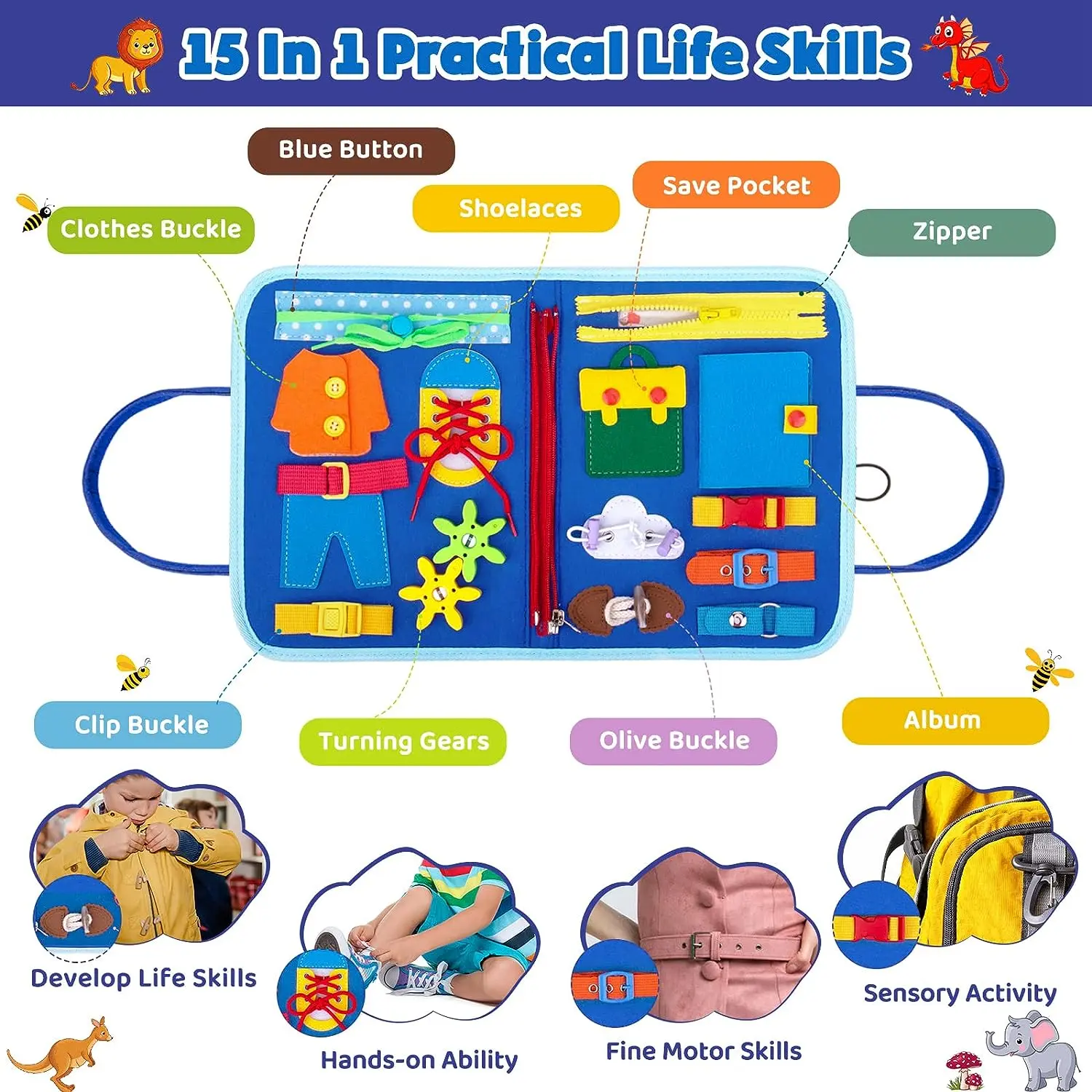 Montessori Toy Busy Board Sensory Activity Toy for Preschool Kids Life Skills Learning Board for Toddlers Travel Toy Gifts