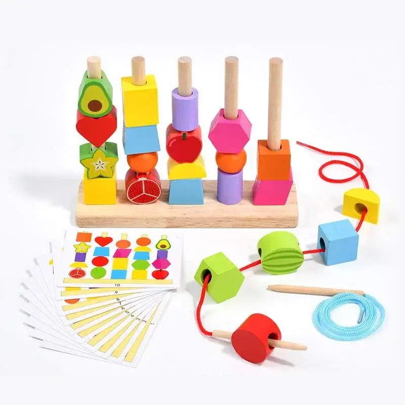 Montessori Wooden Toys Stacks Blocks Puzzle Game Colorful Beaded Fruit Color Shape Matching Early Educational Toys Gift for Kids