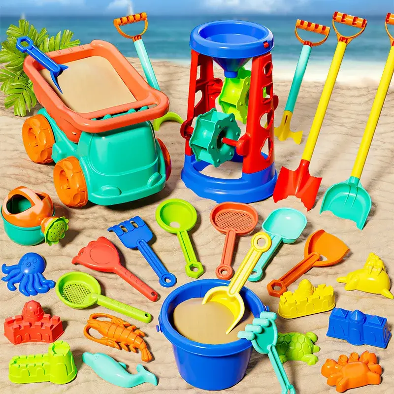 Sand Play 31 Piece Set Beach Toys Tools Items Accessories Outdoor Water Play Shovels Digging Carts Buckets Games for Baby Kids