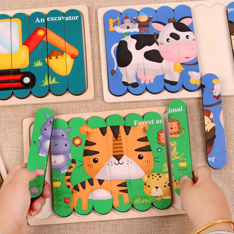 Baby Toys Double Sided Strip 3D Puzzles Wooden Montessori Materials Educational Toys for Children Cartoon Animal Puzzles Game