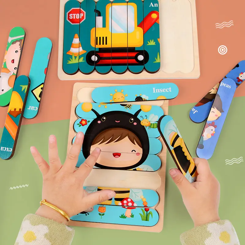 Baby Toys Double Sided Strip 3D Puzzles Wooden Montessori Materials Educational Toys for Children Cartoon Animal Puzzles Game