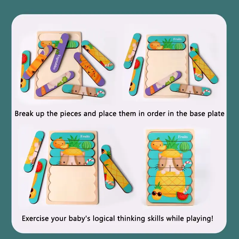 Baby Toys Double Sided Strip 3D Puzzles Wooden Montessori Materials Educational Toys for Children Cartoon Animal Puzzles Game
