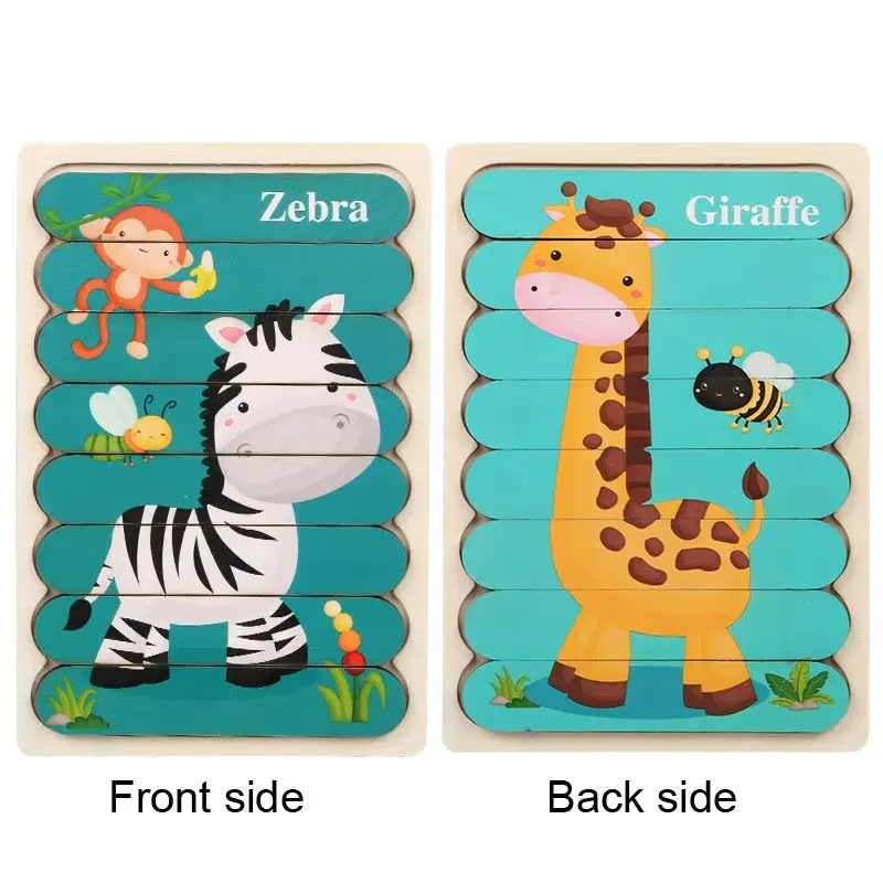 Baby Toys Double Sided Strip 3D Puzzles Wooden Montessori Materials Educational Toys for Children Cartoon Animal Puzzles Game