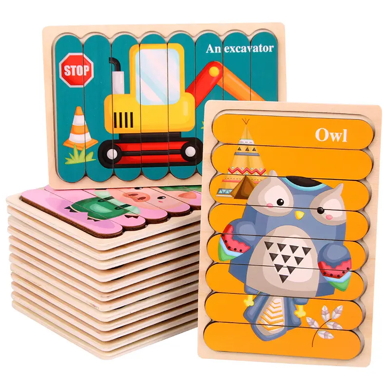 Baby Toys Double Sided Strip 3D Puzzles Wooden Montessori Materials Educational Toys for Children Cartoon Animal Puzzles Game