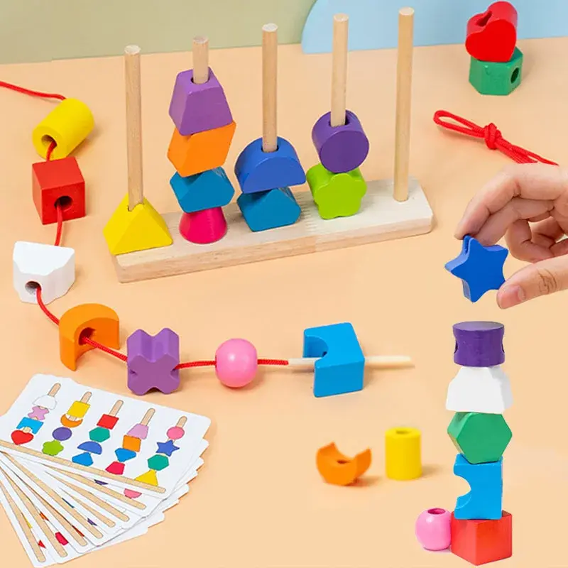 Kids Montessori Wooden Beads Sequencing Toy Stacking Blocks Lacing Beads Matching Shape Stacker Montessori Learning Toys Gifts