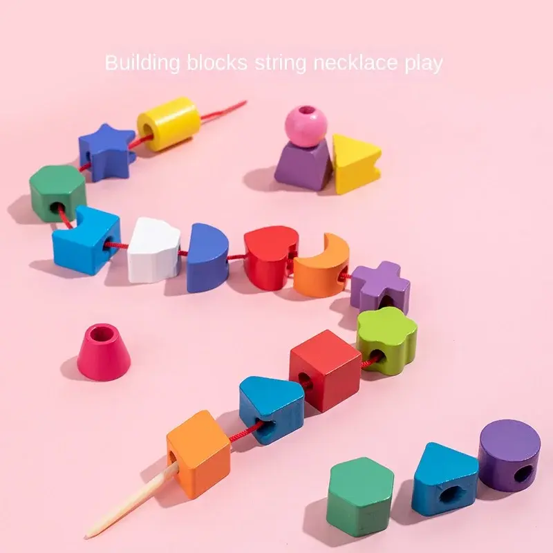 Kids Montessori Wooden Beads Sequencing Toy Stacking Blocks Lacing Beads Matching Shape Stacker Montessori Learning Toys Gifts
