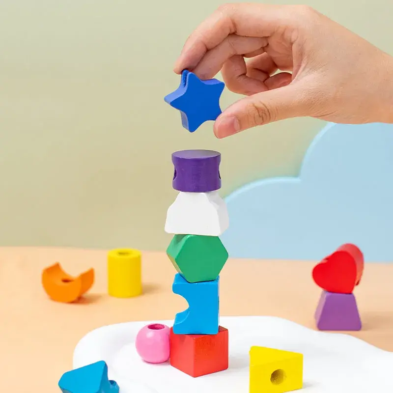 Kids Montessori Wooden Beads Sequencing Toy Stacking Blocks Lacing Beads Matching Shape Stacker Montessori Learning Toys Gifts