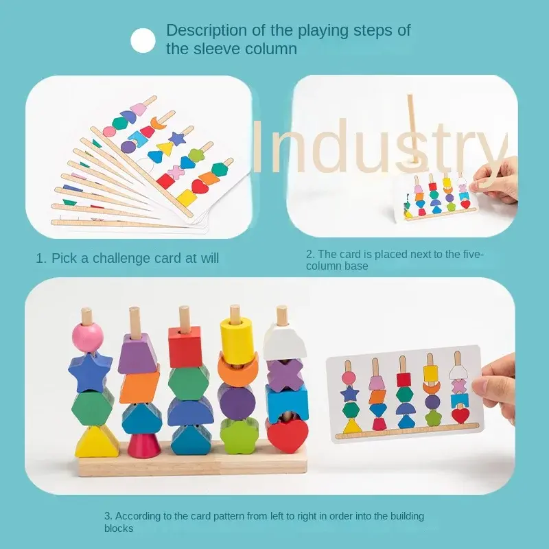 Kids Montessori Wooden Beads Sequencing Toy Stacking Blocks Lacing Beads Matching Shape Stacker Montessori Learning Toys Gifts