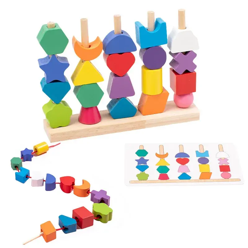 Kids Montessori Wooden Beads Sequencing Toy Stacking Blocks Lacing Beads Matching Shape Stacker Montessori Learning Toys Gifts