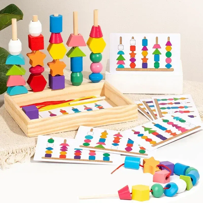 5 in1 Montessori Wooden Toys Color Shape Cognition Blocks Matching Sorting Game Beaded Early Educational Toys Gift for Children