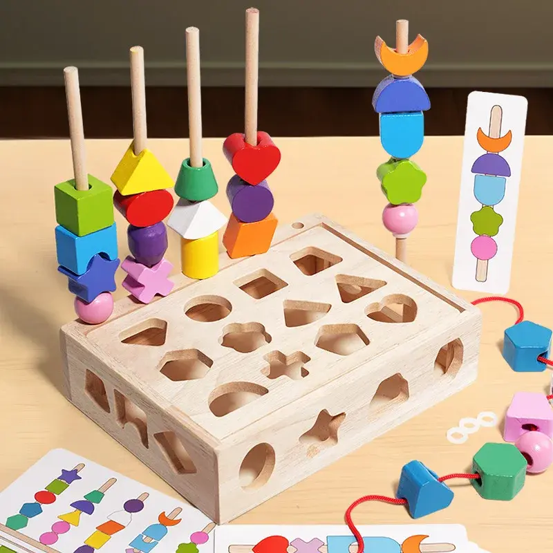 5 in1 Montessori Wooden Toys Color Shape Cognition Blocks Matching Sorting Game Beaded Early Educational Toys Gift for Children