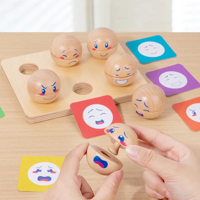 Wooden Emotion Block Ball 3D Puzzles Montessori Toys Expression Matching Games Fine Motor Training Educational Toys Board Game