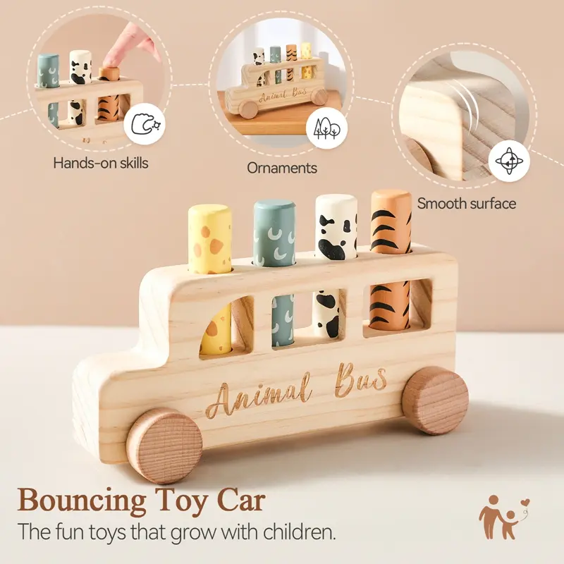 Montessori Toys Wooden Bus Press Bounce Toy Baby Finger Fine Sports Game Animal Skin Cognition Educational Toys No Bpa Kid Gift