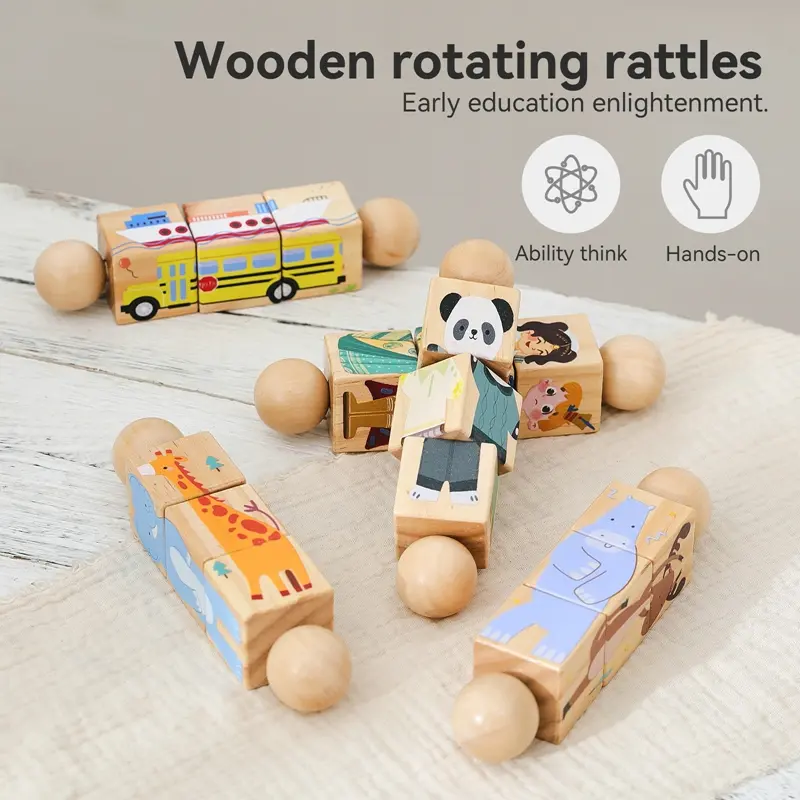 Baby Wooden Rotating Jigsaw Puzzle Hand bell Toy Montessori Educational Sensory Cognition Toys Wooden Music Rattle Toy Baby Gift