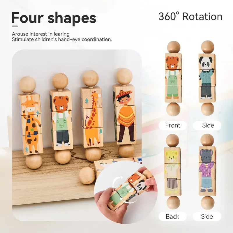 1PC Baby Wooden Montessori Toys Cartoon Blocks Rotate Puzzles Handbells Musical Rattle Toys for Children Educational Toys Gift