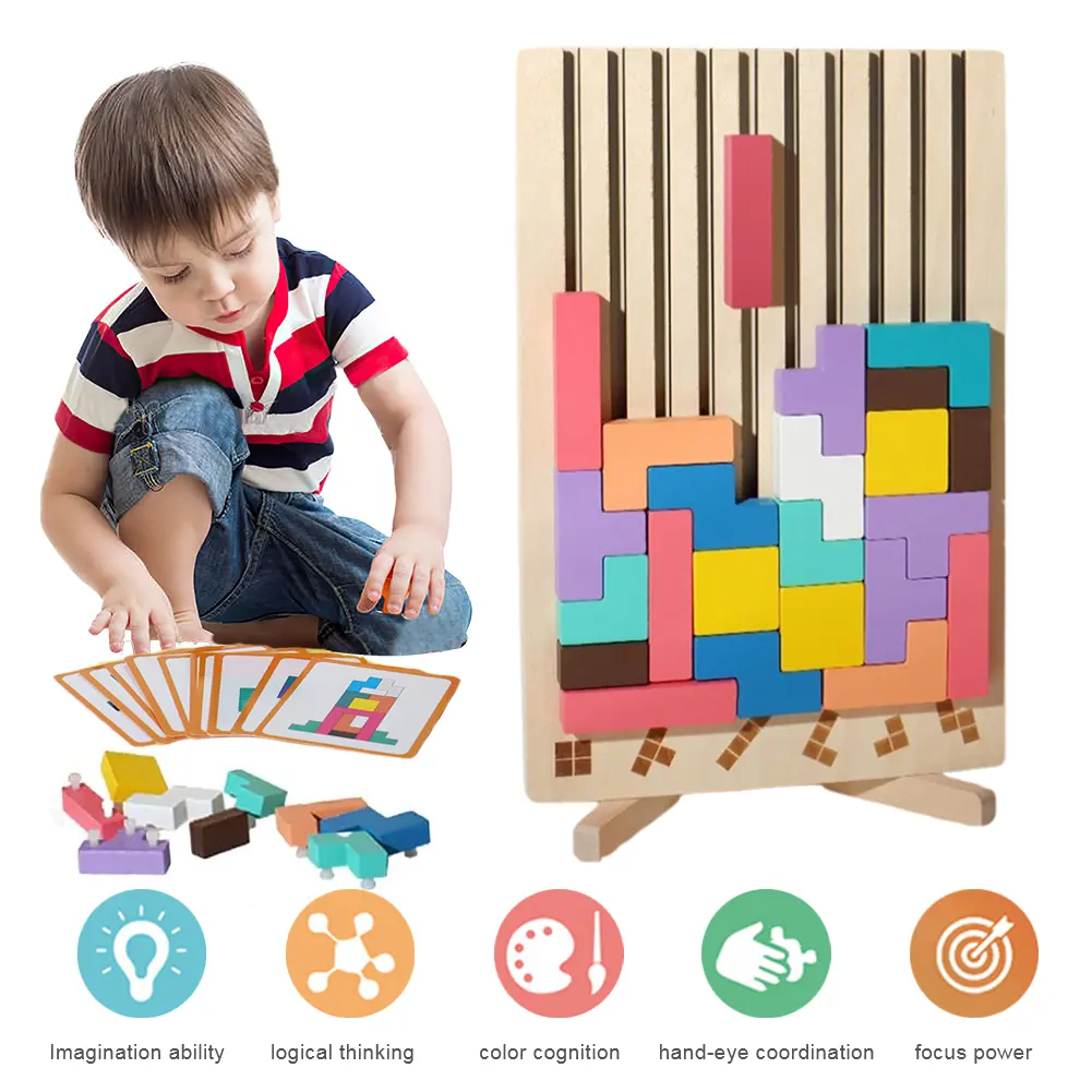 Colorful 3D Russian Building Blocks Game Stress Relief Wood Stacking Puzzle Toy 3D Wooden Montessori Toys for Toddlers