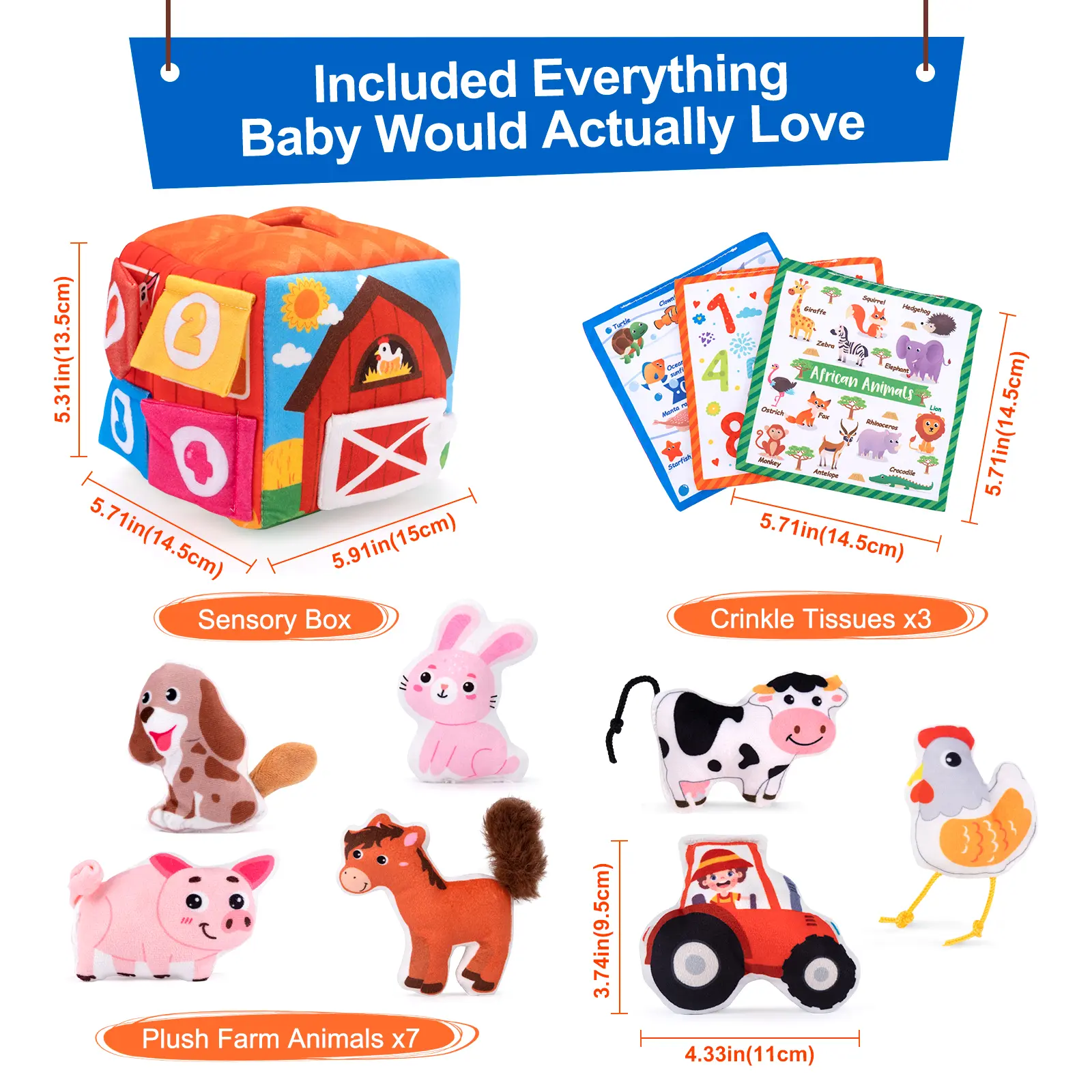 Baby Soft Plush Animal Tissues Box with Sound Simulated Farm Animals House Set Montessori Toys Toddler Sensory Cognition Toys
