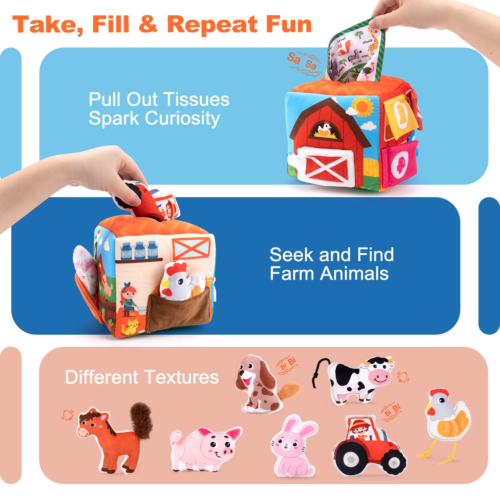 Baby Soft Plush Animal Tissues Box with Sound Simulated Farm Animals House Set Montessori Toys Toddler Sensory Cognition Toys