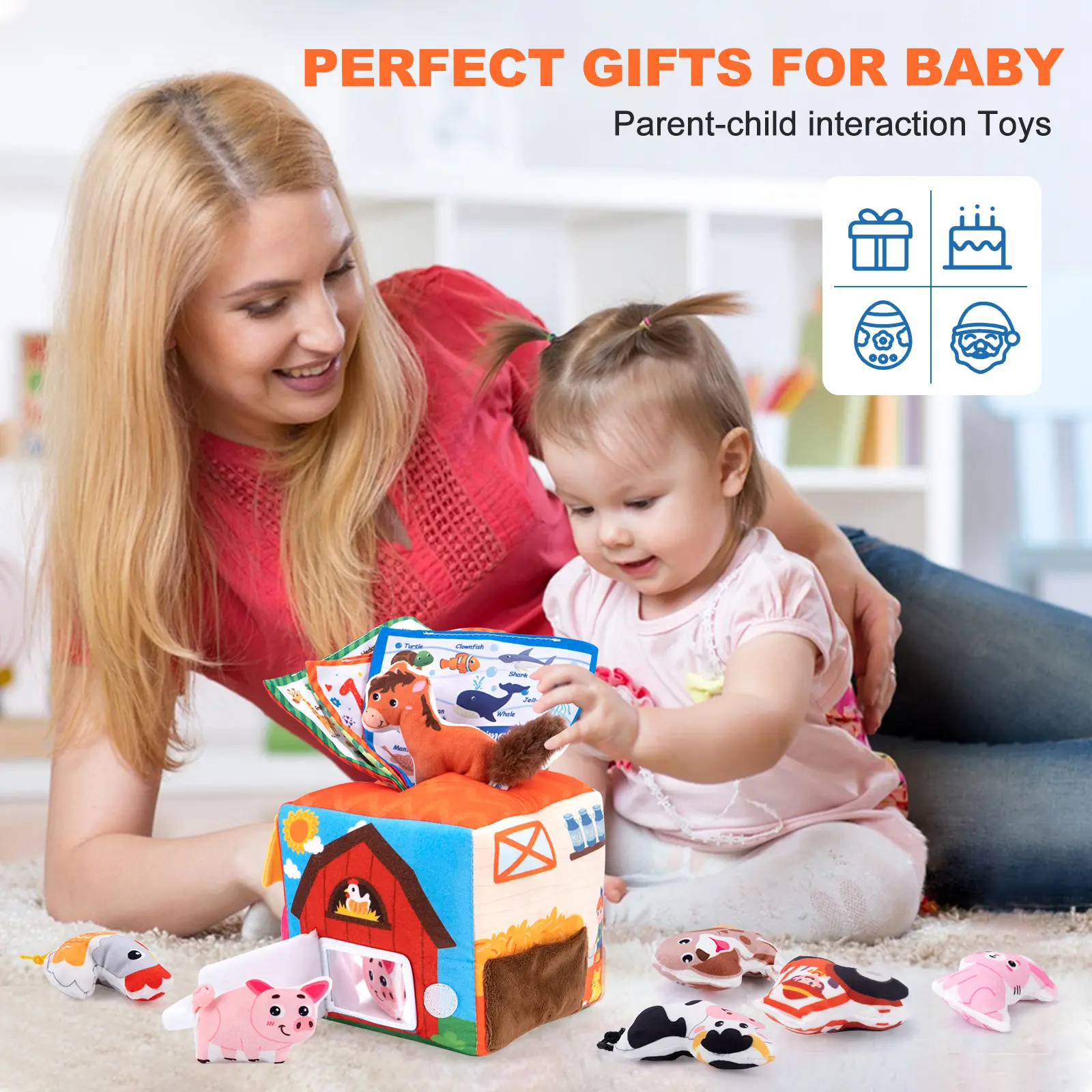 Baby Soft Plush Animal Tissues Box with Sound Simulated Farm Animals House Set Montessori Toys Toddler Sensory Cognition Toys