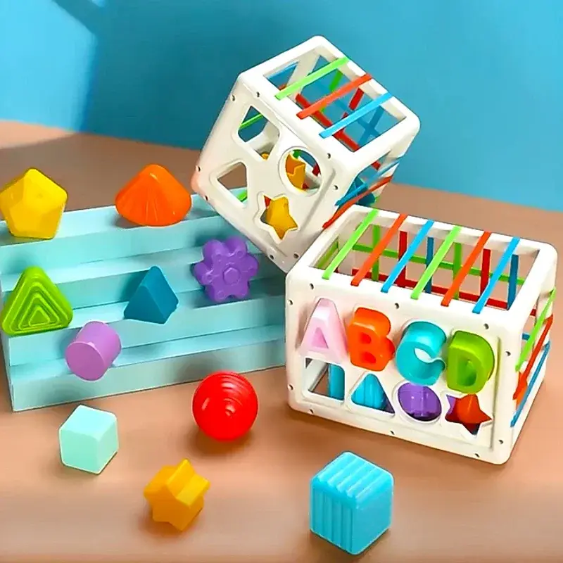 Baby Shape Sorting Toys Children Montessori Educational Toys Colorful Sensory Cube Toys with Elastic Bands for Fine Motor Skills
