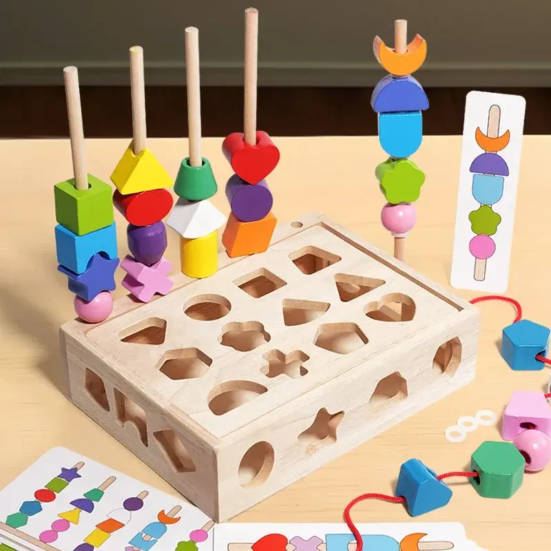 5 in1 Montessori Wooden Toys Color Shape Cognition Blocks Matching Sorting Game Beaded Early Educational Toys Gift for Children