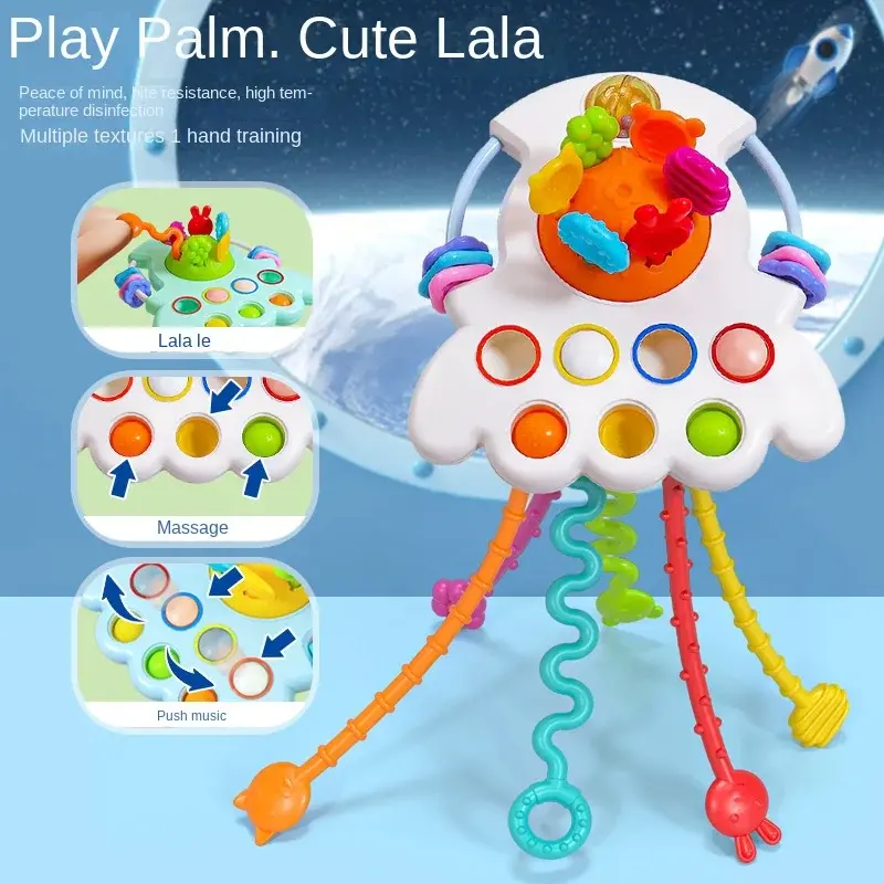 Baby Flying Saucer Rocket Pull String Teether Toys Montessori Sensory Educational Finger Grasp Training Early Cute Learning Toys
