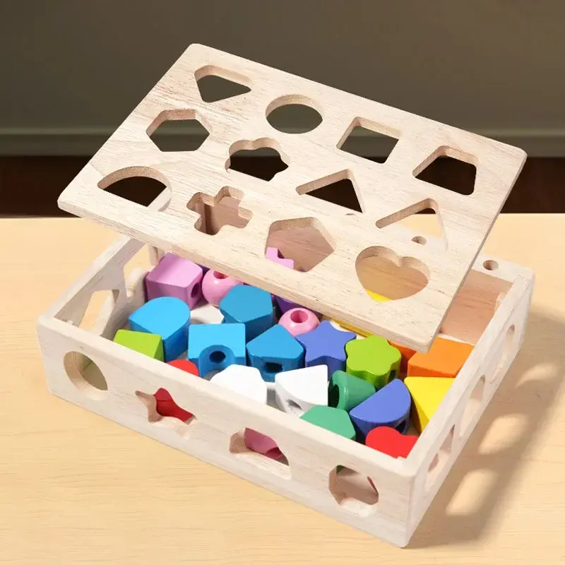 5 in1 Montessori Wooden Toys Color Shape Cognition Blocks Matching Sorting Game Beaded Early Educational Toys Gift for Children