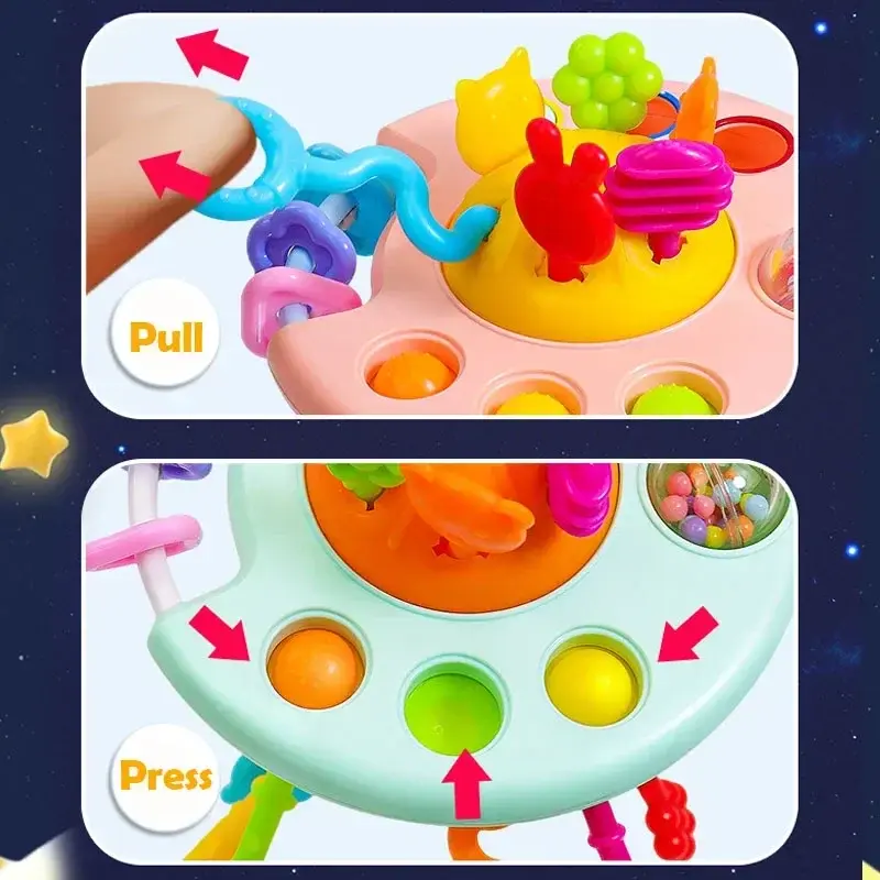 Cartoon Duck Astronaut Pull String Montessori Activity Development Silicone Teething Sensory Grip Training Early Educational Toy