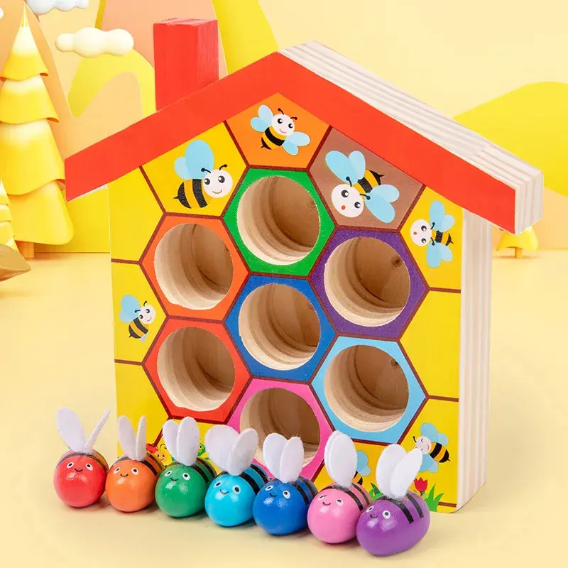 Wooden Bee House Clamp Bee to Hive Matching Game Color Sorting Puzzle Fine Motor Skill Toys Early Educational Gift