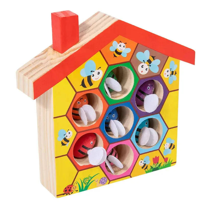 Wooden Bee House Clamp Bee to Hive Matching Game Color Sorting Puzzle Fine Motor Skill Toys Early Educational Gift