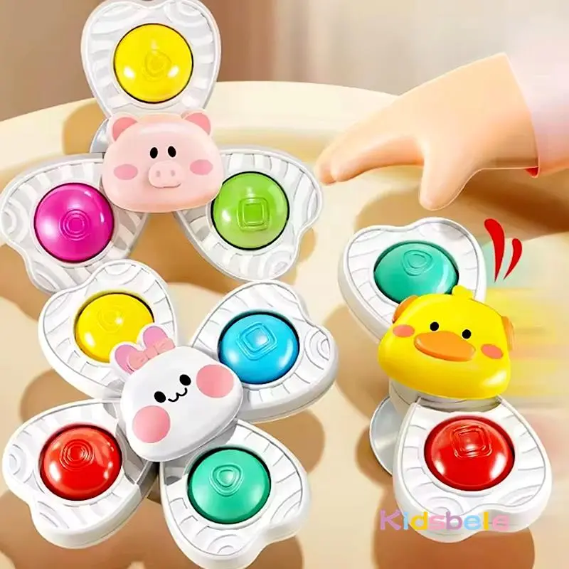 3PC Set Toddler Suction Cup Cartoon Animal Fidget Spinner Toy Infant Teether Relief Stress Rotating Bath  Kids Sensory Toy