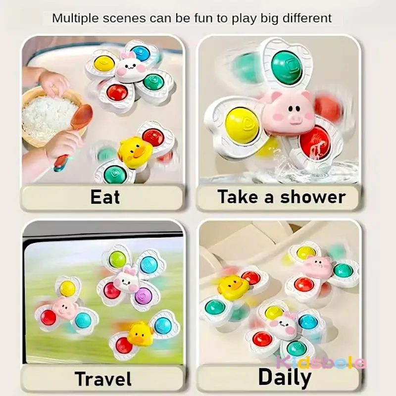 3PC Set Toddler Suction Cup Cartoon Animal Fidget Spinner Toy Infant Teether Relief Stress Rotating Bath  Kids Sensory Toy