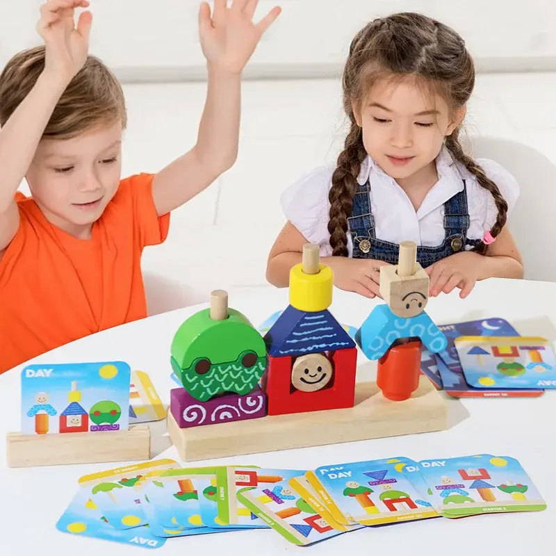 Wooden Blocks Stacked Shape Matching Game Montessori Logical Thinking Training Creative Day/Night Themed Puzzle Games Kids Toys