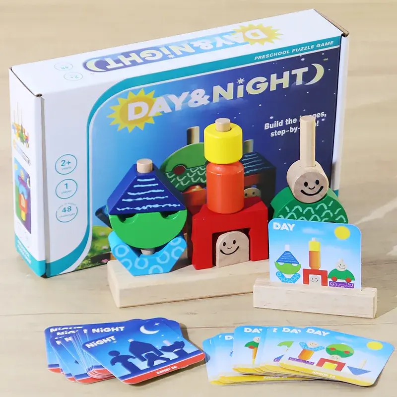 Wooden Blocks Stacked Shape Matching Game Montessori Logical Thinking Training Creative Day/Night Themed Puzzle Games Kids Toys